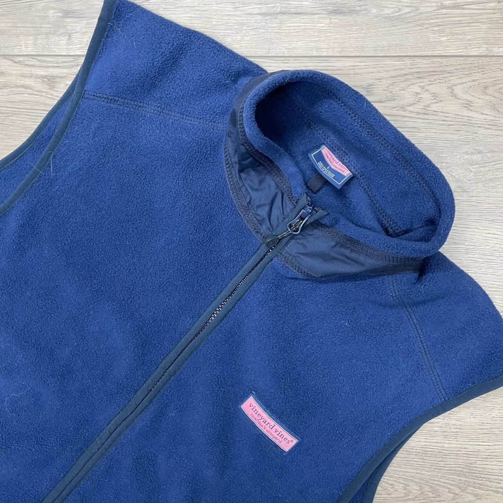 Vineyard Vines Fleece Vest Mens Large Blue Full Zip Mock Neck Whale Logo READ